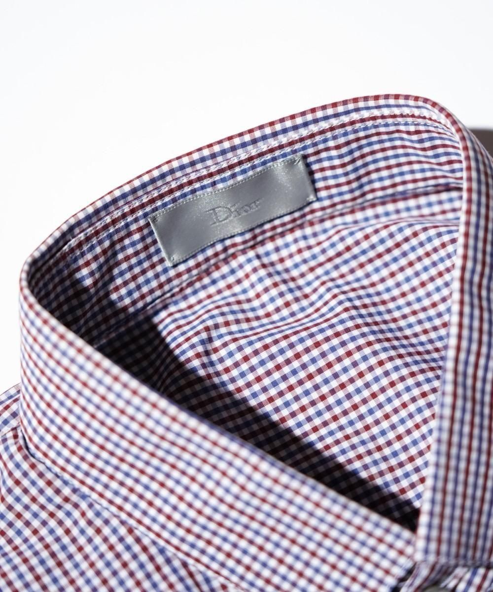 OLD / DIOR HOMME BAND COLLAR TRICOLOR MICRO-CHECK CONCEALED PLACKET LONG SLEEVE SHIRT