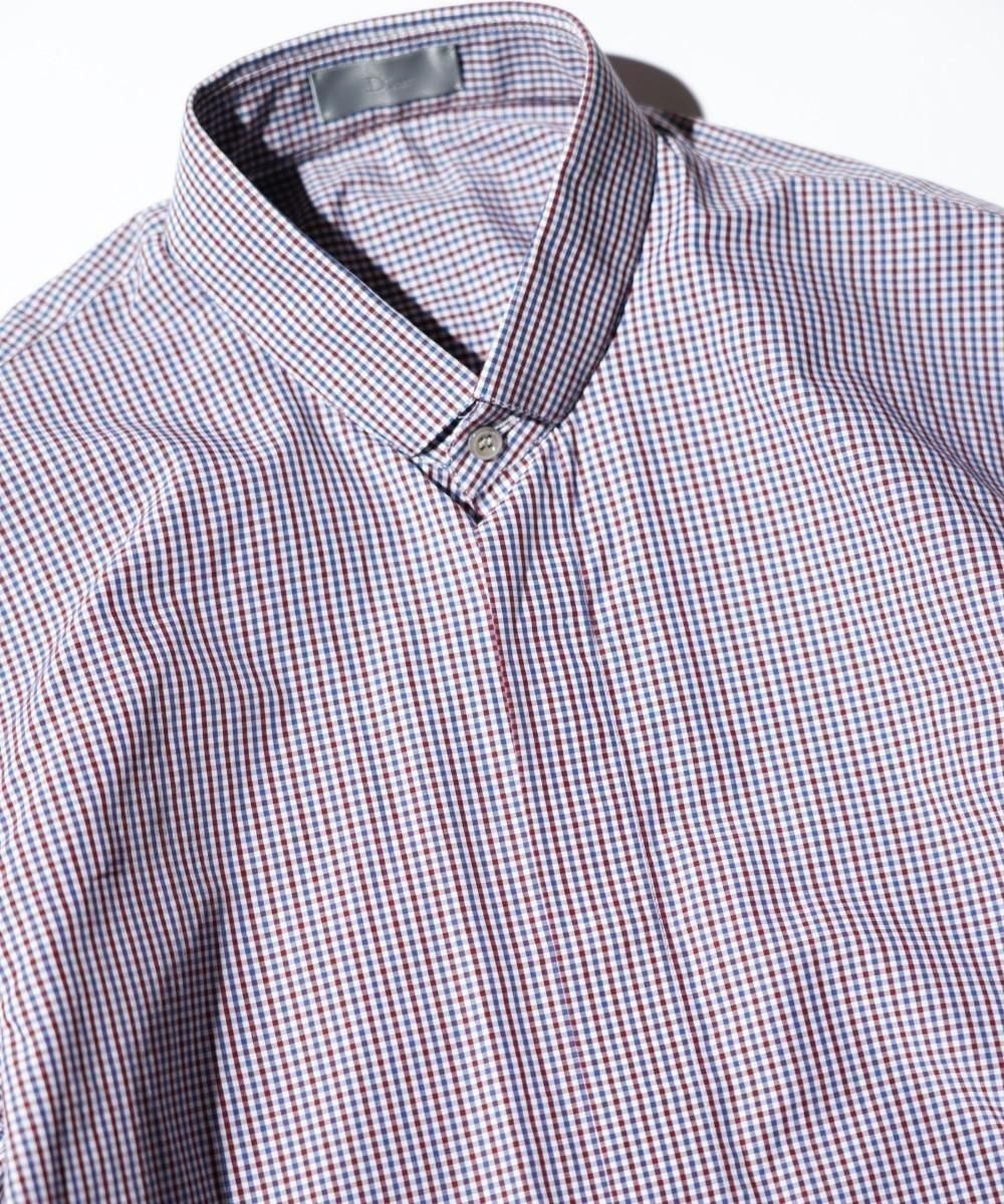 OLD / DIOR HOMME BAND COLLAR TRICOLOR MICRO-CHECK CONCEALED PLACKET LONG SLEEVE SHIRT