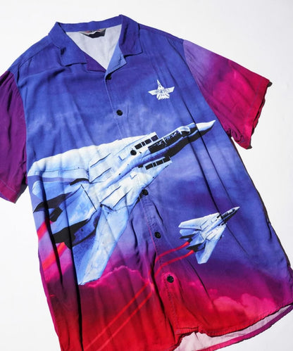 OLD / SHOE PALACE X TOP GUN FIGHTERTOWN RAYON ALLOVER PRINT OPEN COLLAR SHIRT