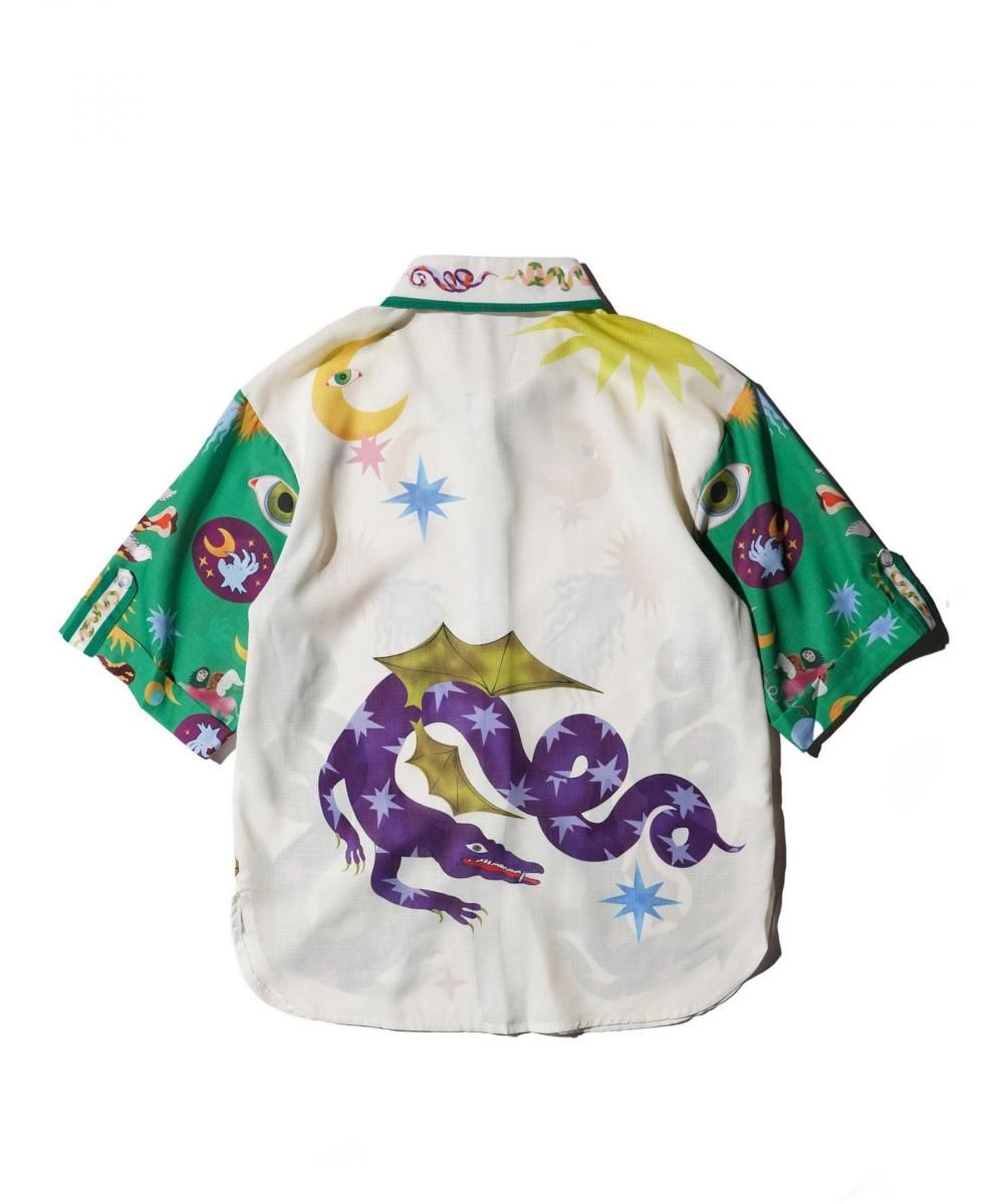 OLD / ABSTRACT PATTERN LINEN BLEND OPEN COLLAR SHIRT (HIPPIE STYLE)