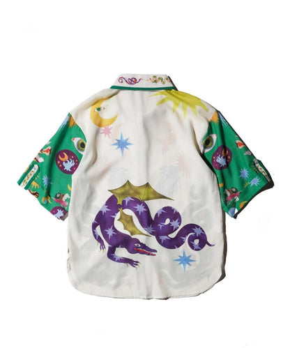 OLD / ABSTRACT PATTERN LINEN BLEND OPEN COLLAR SHIRT (HIPPIE STYLE)