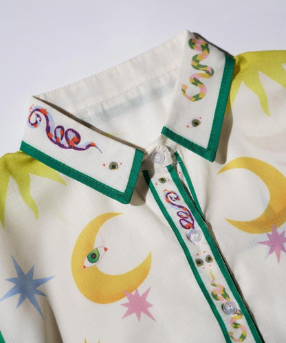 OLD / ABSTRACT PATTERN LINEN BLEND OPEN COLLAR SHIRT (HIPPIE STYLE)